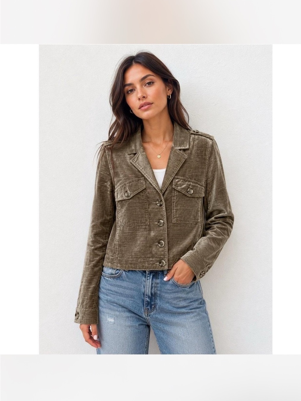Cabi Sunday Topper Velvet Cropped Blazer, featuring a olive gray velvet fabric
